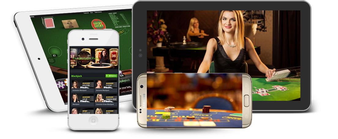 Diferentes dispositivos móviles en los que se muestran juegos de blackjack online en sus pantallas.