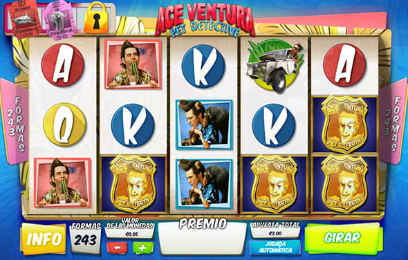 La pantalla de juego de la slot Ace Ventura de Playtech. Se ven varios símbolos al azar repartidos por los carretes.