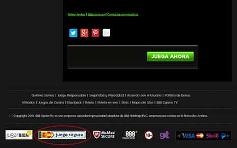 En el pie de página de un casino online se pueden ver los nombres de las diferentes organizaciones que verifican la seguridad y legalidad del mismo, por ejemplo el sello Juego Seguro de la agencia gubernamental española.