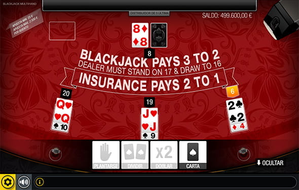 Pantalla durante una partida de blackjack multimanos VIP en uno de los casinos con Gaming1.