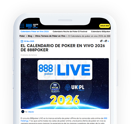 Un móvil con la página web de 888poker en la pantalla
