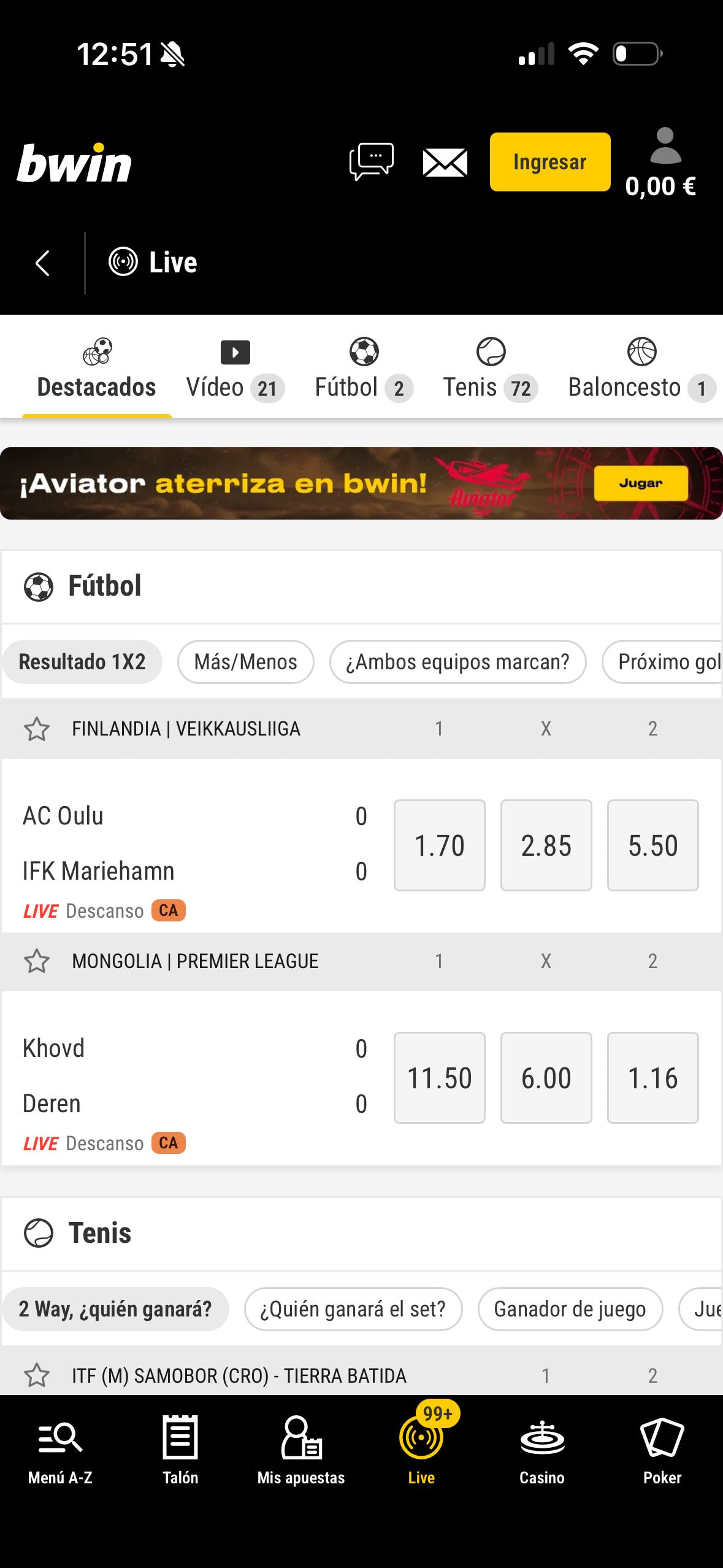 Página de inicio en la app de apuestas deportivas de bwin.