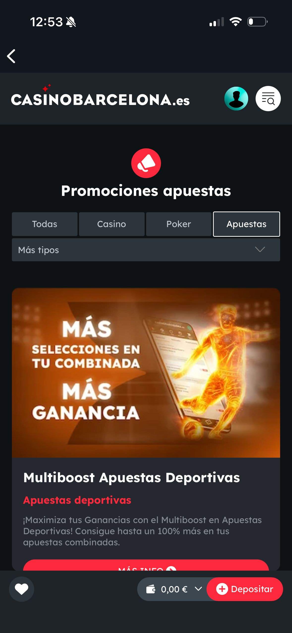 Sección de promociones de apuestas deportivas en Casino Barcelona.