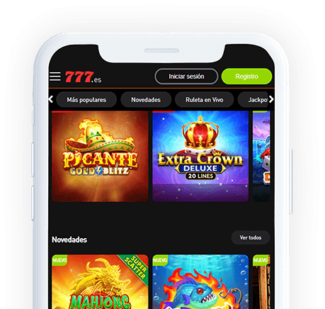 Un móvil con la página web de Casino777 en la pantalla.