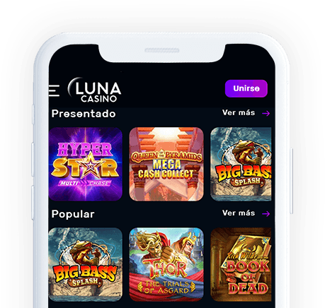Un móvil con la página web de Luna Casino en la pantalla.