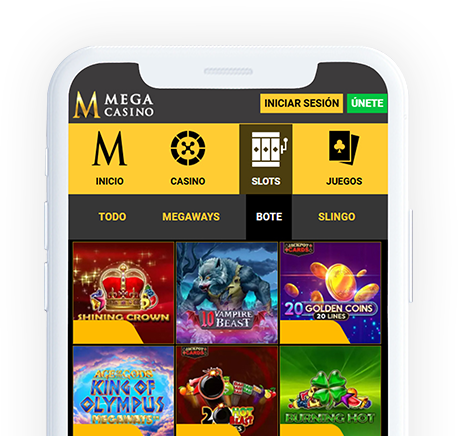 Un móvil con la página web de Mega Casino en la pantalla.
