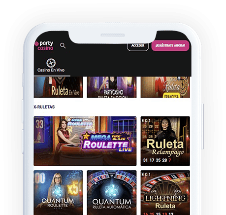 Un móvil con la página web de PartyCasino en la pantalla