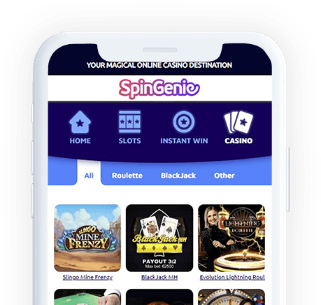 Un móvil con la página web de Spin Genie en la pantalla.