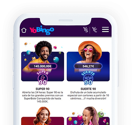 Un móvil con la página web de YoBingo en la pantalla.