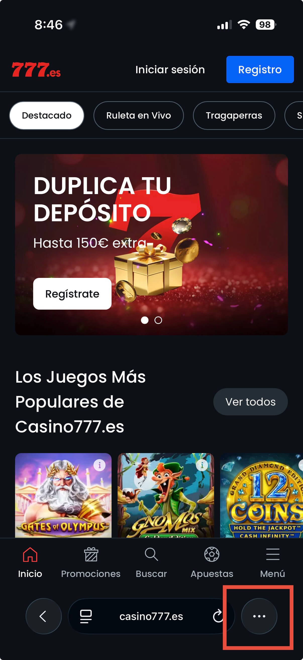 Web-app del Casino777 en Safari.