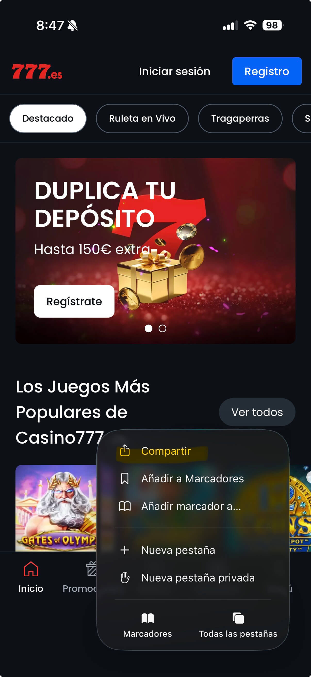Menú con la opción ´Compartir´, un paso necesario para instalar la aplicación de casino como PWA.