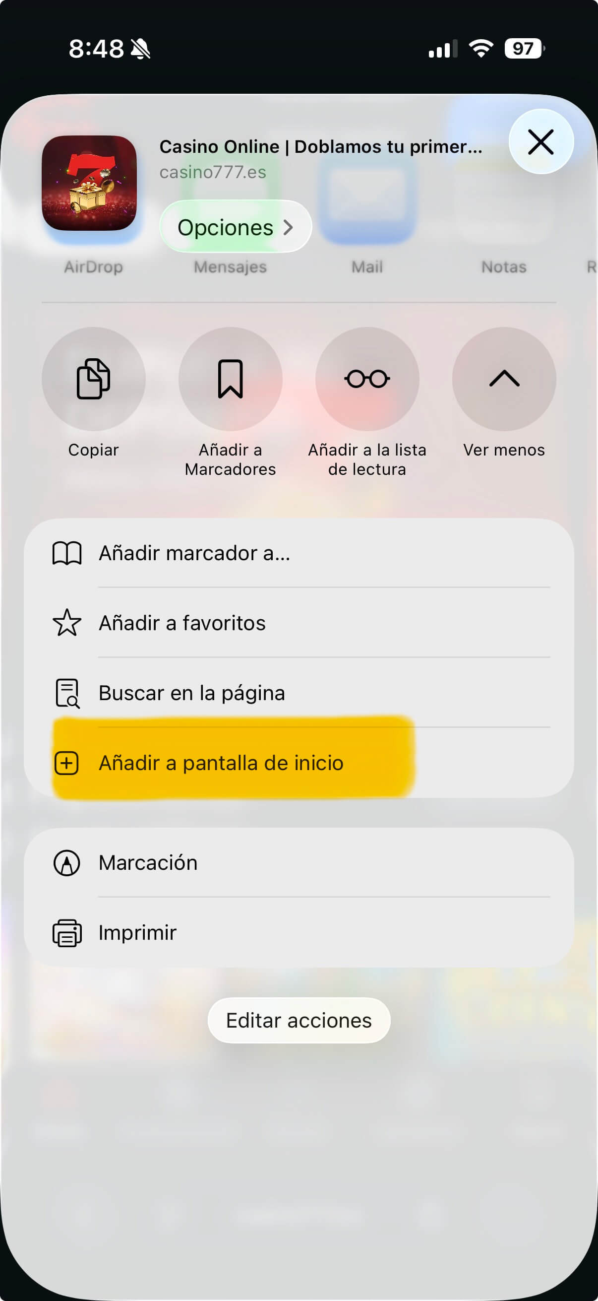 Menú con la opción ´Añadir a pantalla de inicio´ en iPhone.