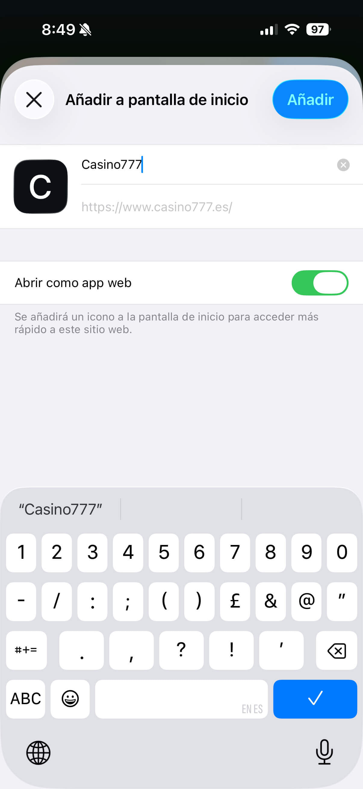 Opción de seleccionar el nombre del icono para instalar la app del casino en un iPhone