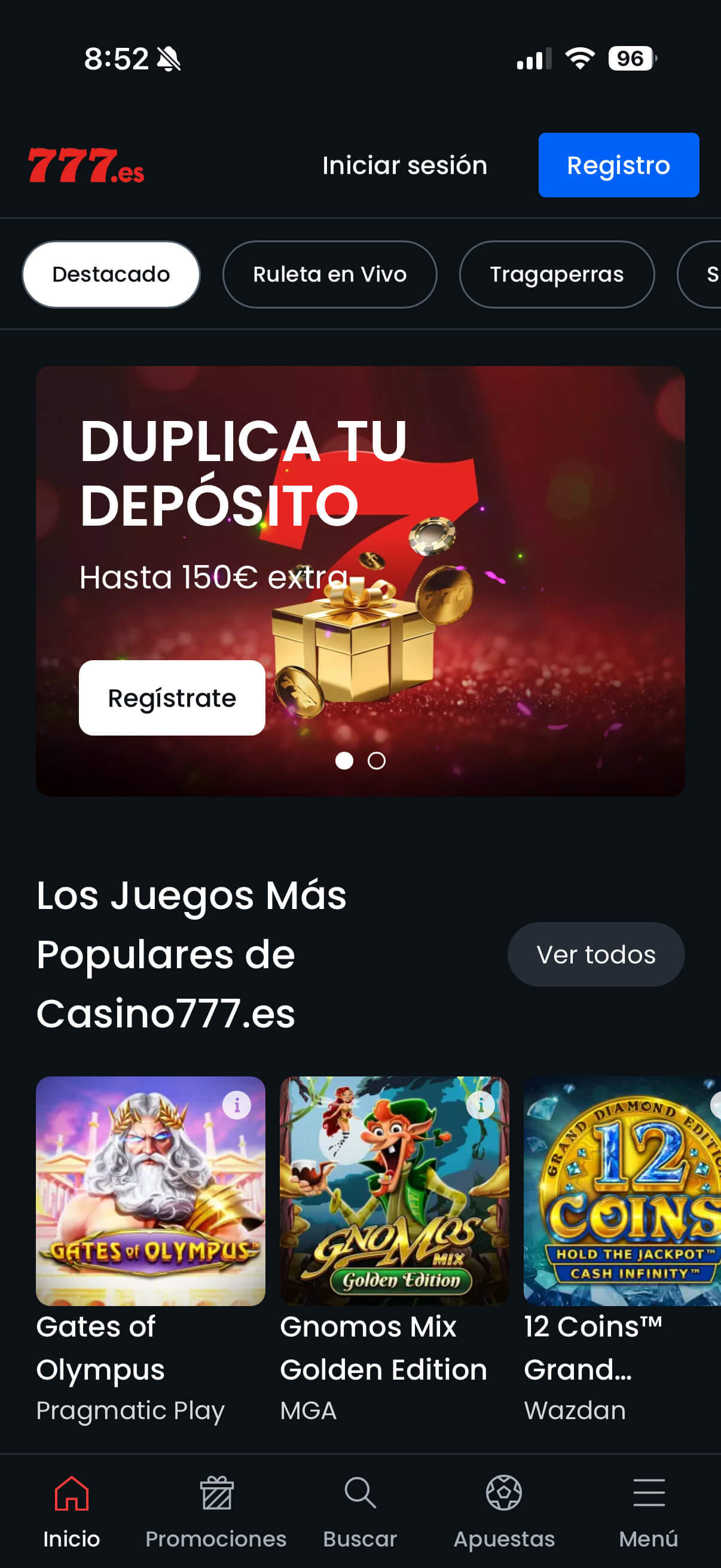 El casino para móviles del operador Casino777 abierto desde la PWA sin barra de navegador.