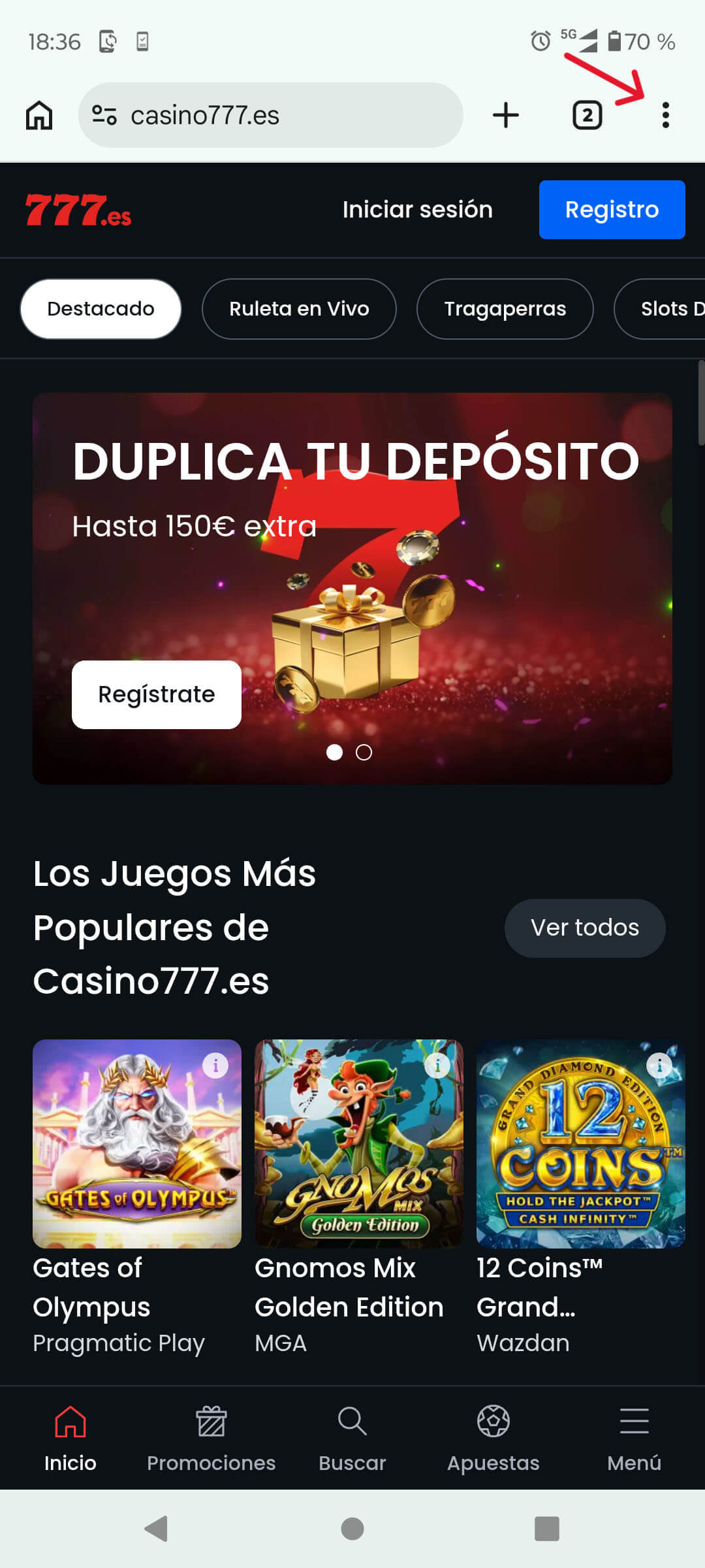 Acceso al menú con opciones para instalar aplicaciones de casino como PWA.