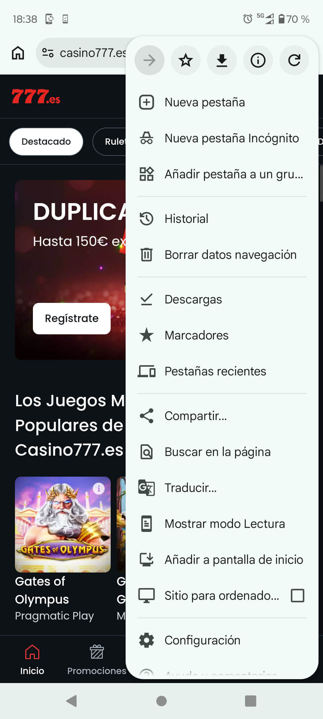 Menú desplegado en Chrome con la opción de añadir la app de casino a la pantalla de inicio.