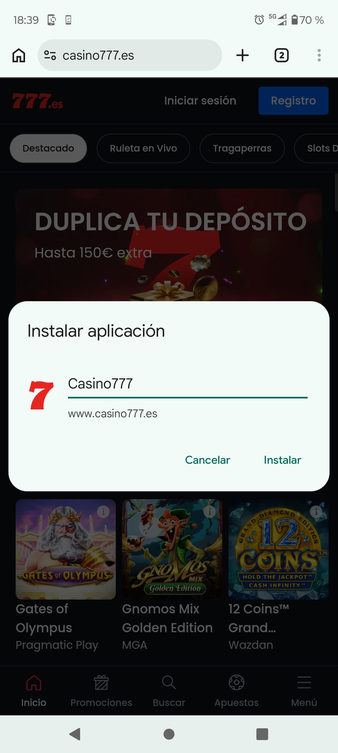Opción de seleccionar el nombre del icono para instalar la app del casino en el móvil.