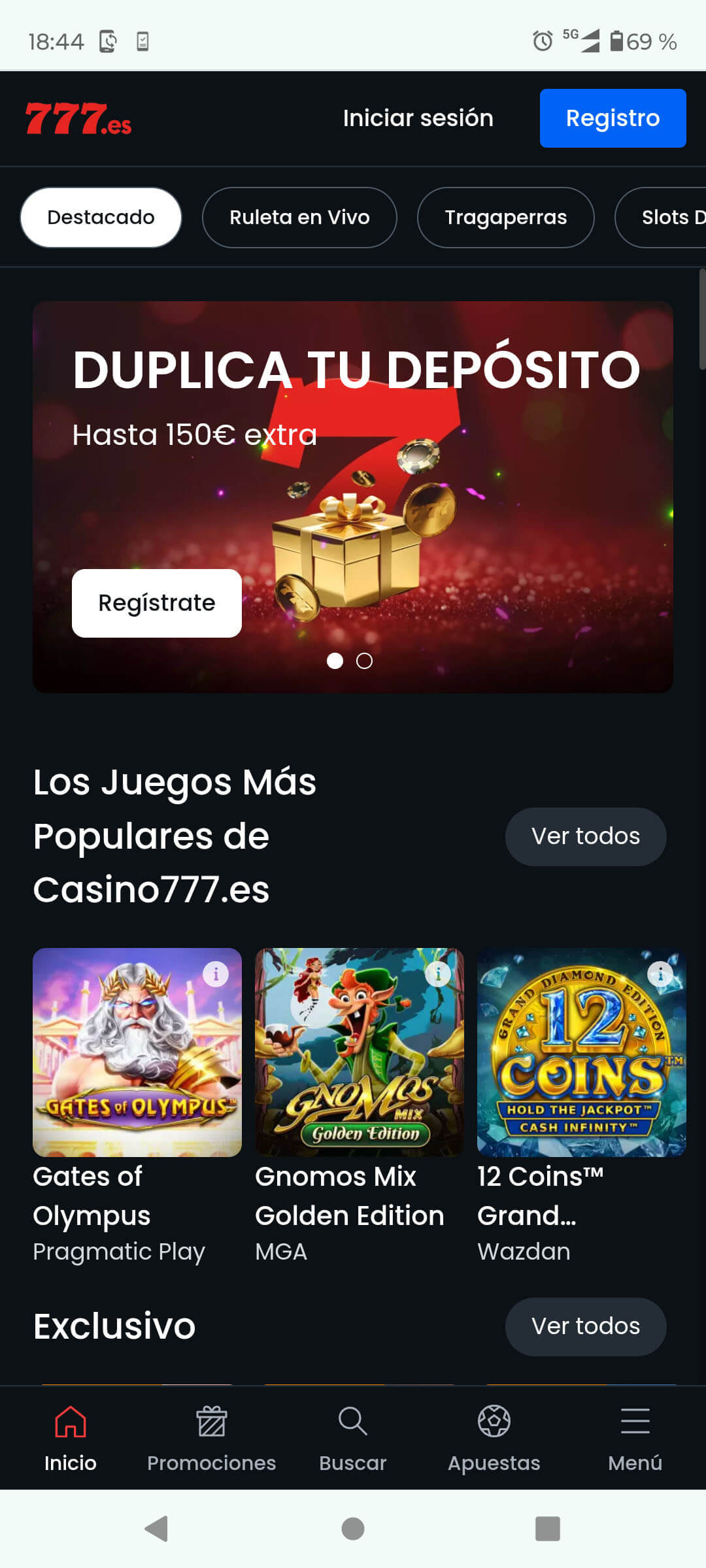 Aplicación del Casino777 abierta desde el icono de la PWA instalada sin barra de navegador.
