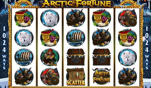 Pantalla principal del juego. Pinchando aquí, puedes probar jugar Arctic Fortune totalmente gratis, sin registro o ingreso de dinero real. 