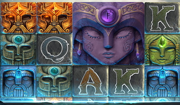 La portada del juego Asgardian Stones con rocas, runas, una rueda y relámpagos.