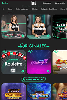 Vista general de la app con los juegos de casino bet365 para móvil.