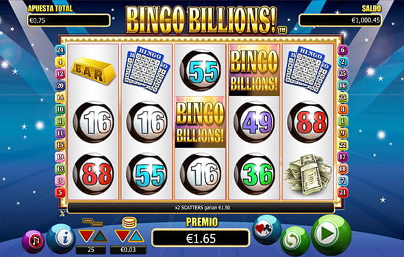 La tragaperras Bingo Billions de NextGen Gaming con sus cinco rodillos y tres filas.