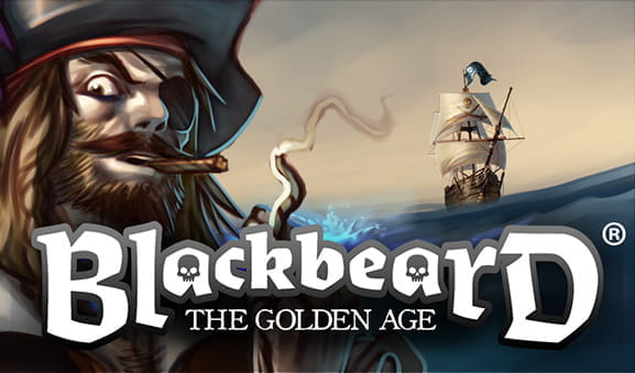 Portada de la slot Blackbeard: The Golden Age. Aparece el pirata protagonista de la máquina junto con un navío y el título de la máquina.