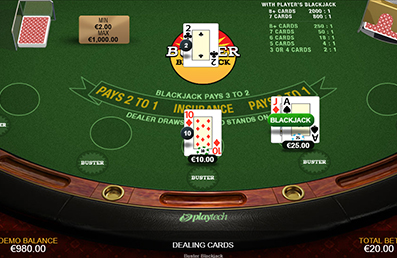 Una mesa de Buster Blackjack con mano ganadora del jugador