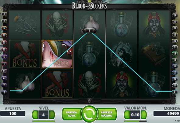 La imagen muestra la pantalla principal de la tragaperras Blood Suckers.