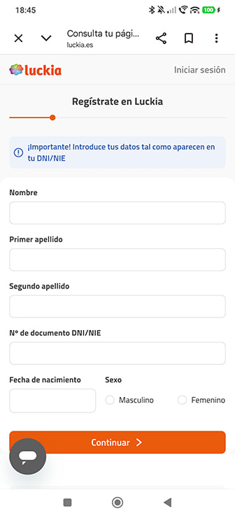 Pantalla de registro en Luckia