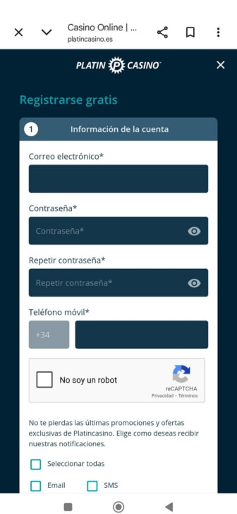 Pantalla de registro en Platincasino