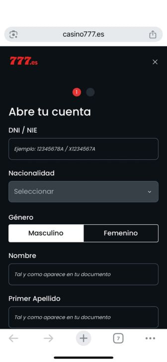 Formulario de registro en Casino777.