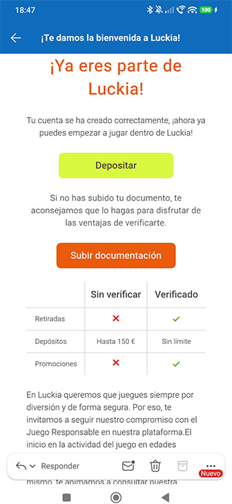 Validación del e-mail de registro en Luckia