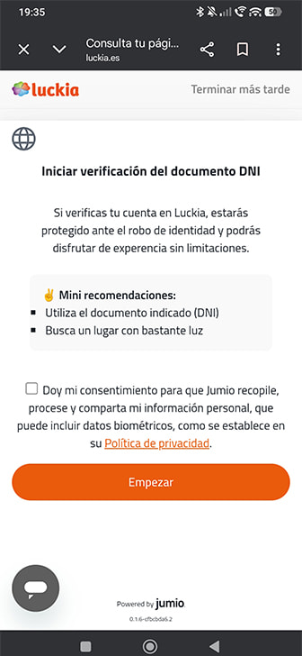 Página de verificación de identidad en Luckia