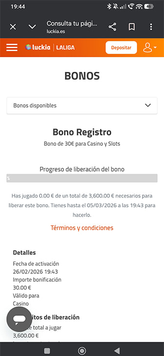 Activación del bono sin depósito en Luckia