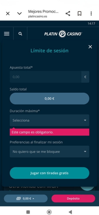 Configuración de límites de sesión en Platincasino