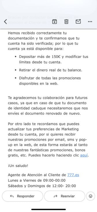 Confirmación de registro en Casino777 por email.