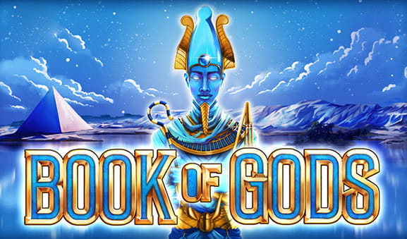 Portada de la slot Book of Gods en la que se muestra a un dios egipcio en la manera de Akenatón sobre un paisaje azul pálido con una pirámide al fondo.