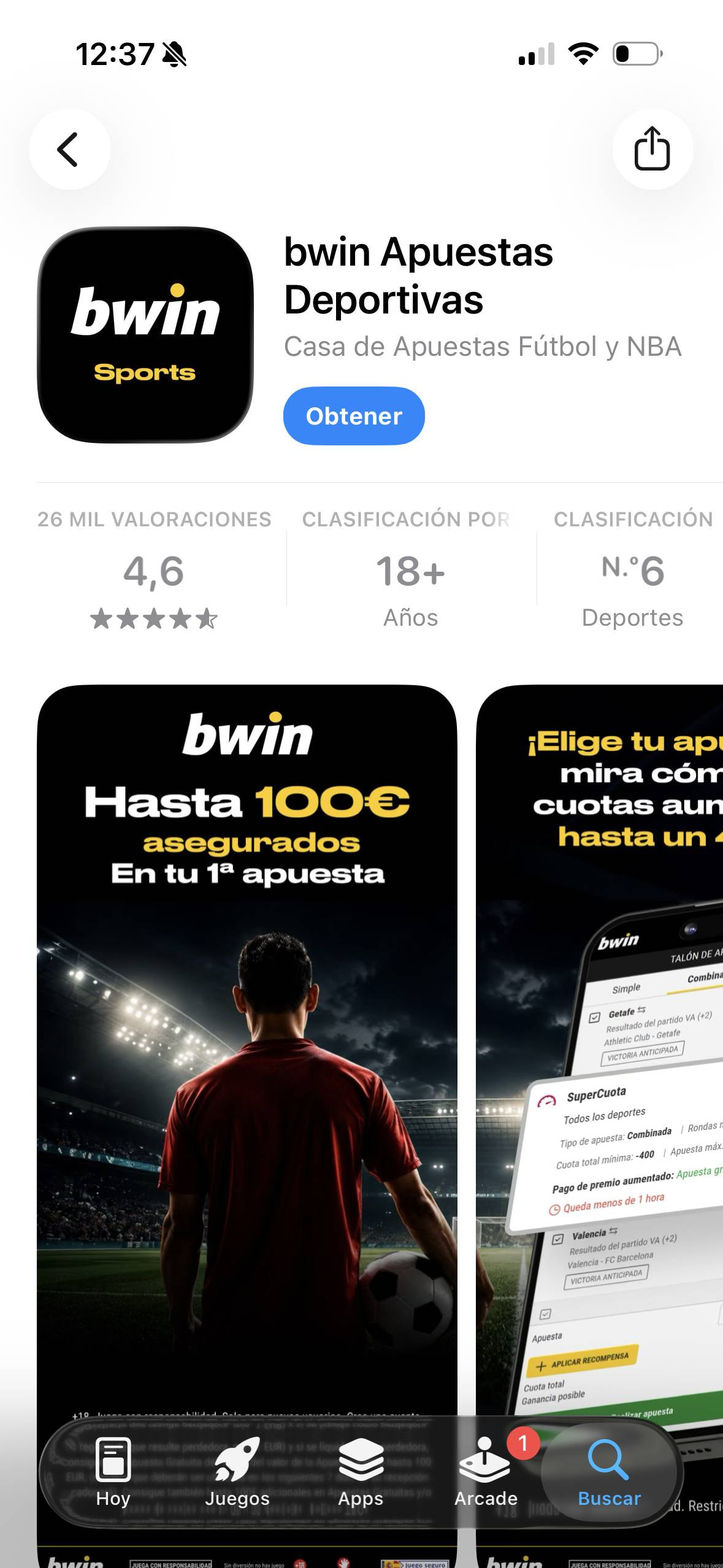 Aplicación móvil de la casa de apuestas bwin.
