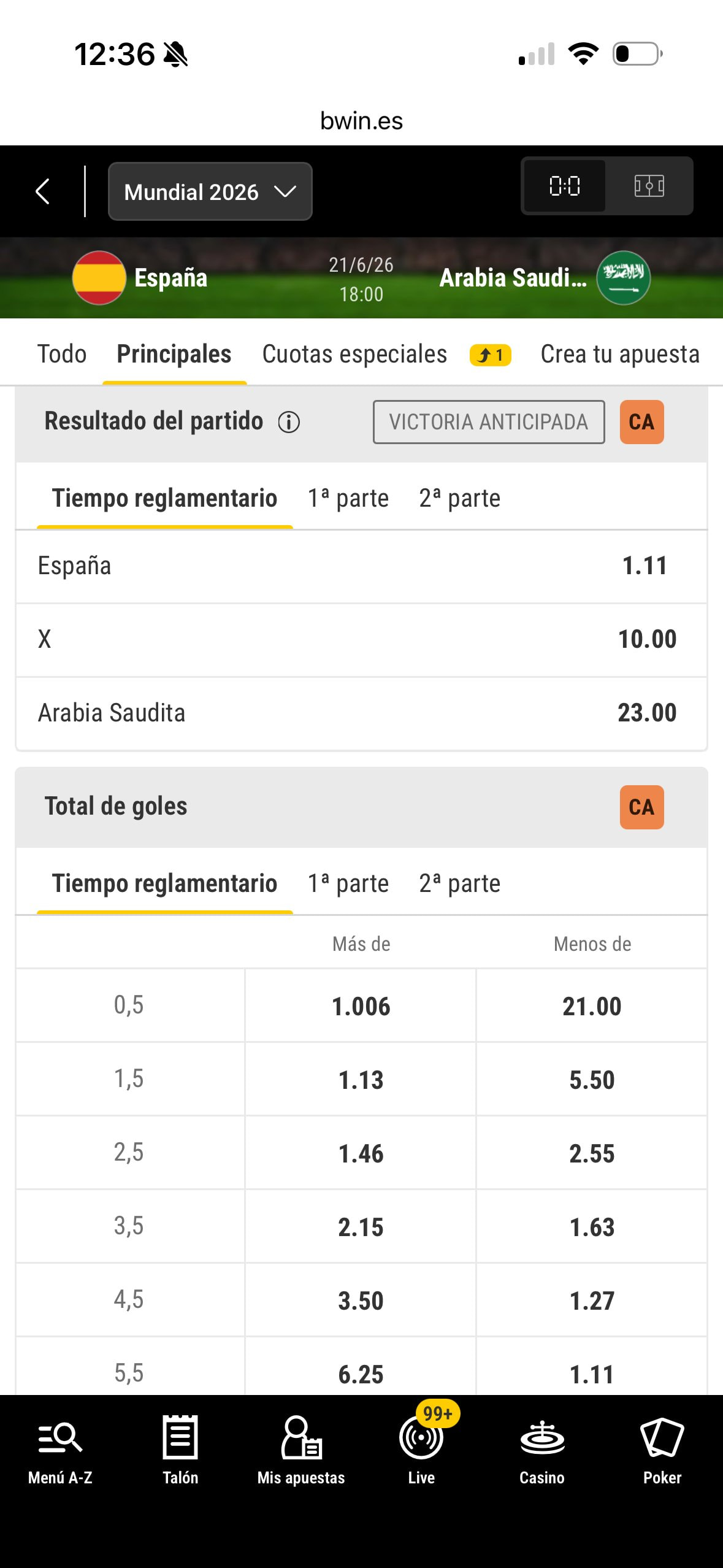 Cuotas competitivas en la casa de apuestas bwin