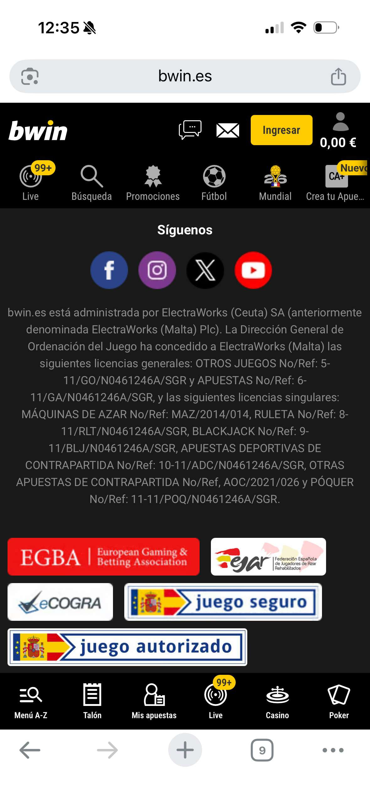Listado de licencias en una casa de apuestas legal de España