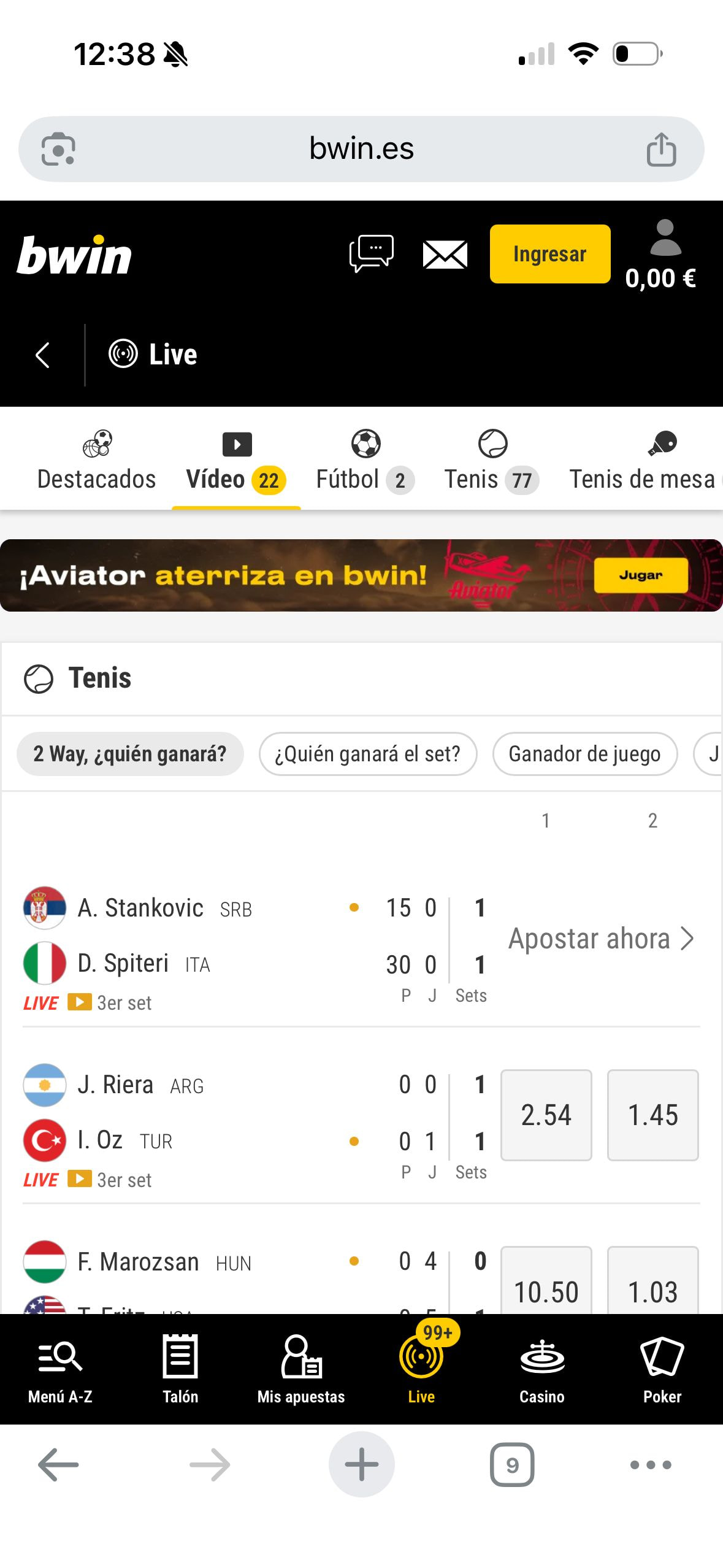 Apuestas en vivo en la casa de apuestas bwin