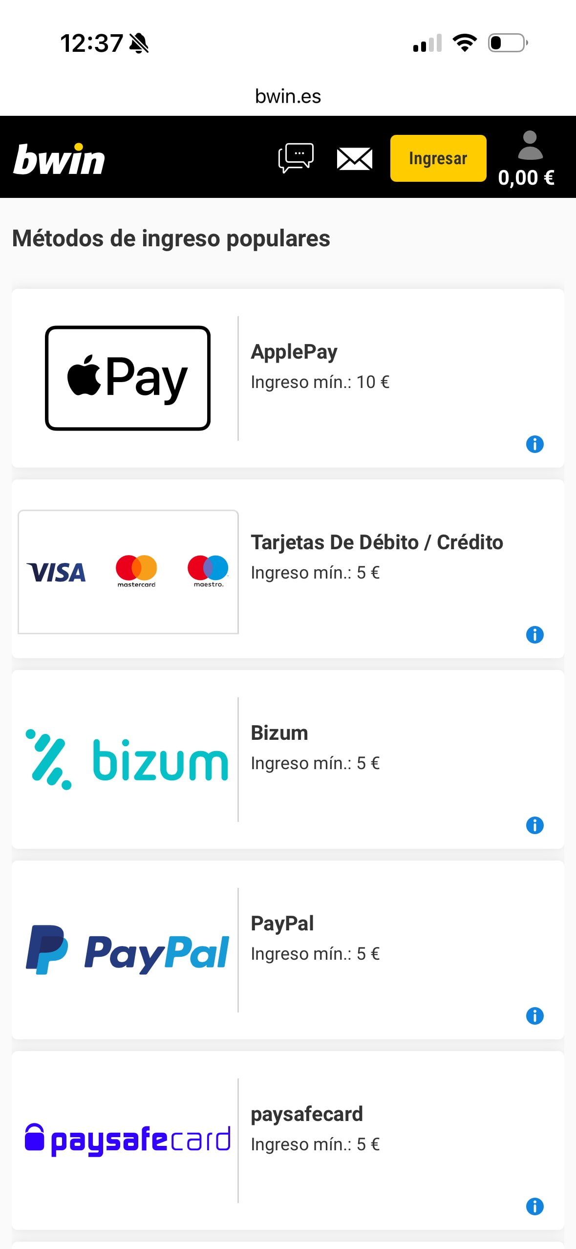 Métodos de pago disponibles en la casa de apuestas bwin