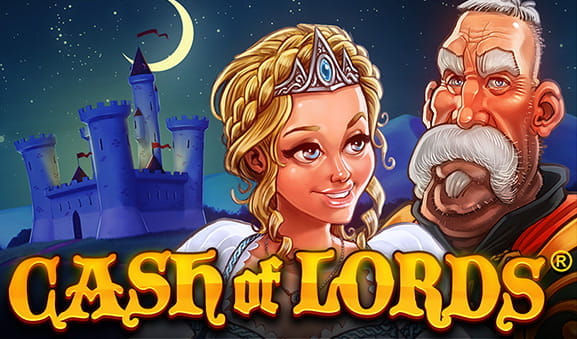 Portada de la slot Cash of Lords. Aparecen la reina y el rey protagonistas junto con el nombre de la máquina en amarilla.