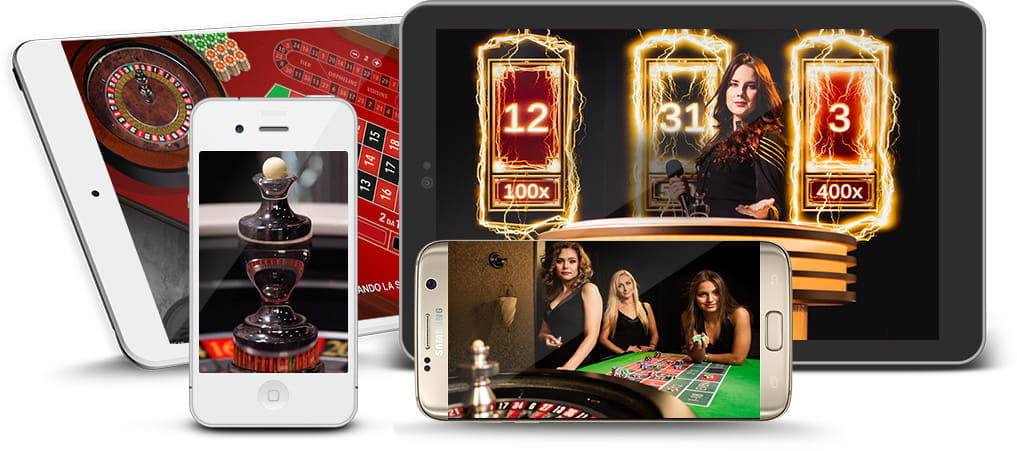 Varios teléfonos y tabletas con juegos de Evolution Gaming para casinos móviles.