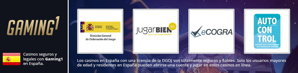 Infográfico de los organismos de control en casinos con Gaming1 en España: DGOJ, JugarBien, eCOGRA y Autocontrol.