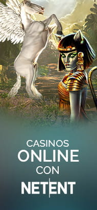 Una de las protagonistas de la slot Coins of Egypt de NetEnt con un caballo blanco alado y un hermoso valle de fondo. En la parte inferior de la image se lee Casinos online con NetEnt.