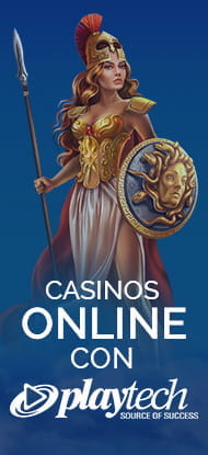 Atenea de la slot Age of the Gods de Playtech. En la parte inferior de la imagen aparece la frase Casinos Online con juegos de Playtech.