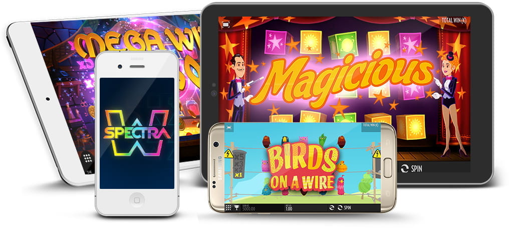 Varios dispositivos móviles con tragaperras de Thunderkick en la pantalla.