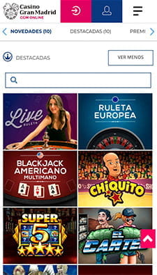 Imagen del sitio web de Casino Gran Madrid visto desde un dispositivo móvil.